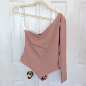 LPA tan one shoulder thong bodysuit